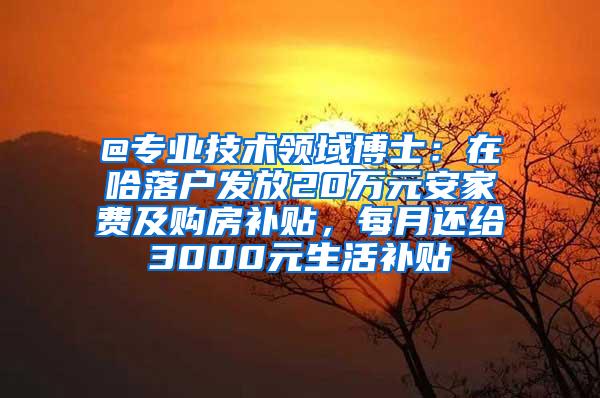 @专业技术领域博士：在哈落户发放20万元安家费及购房补贴，每月还给3000元生活补贴