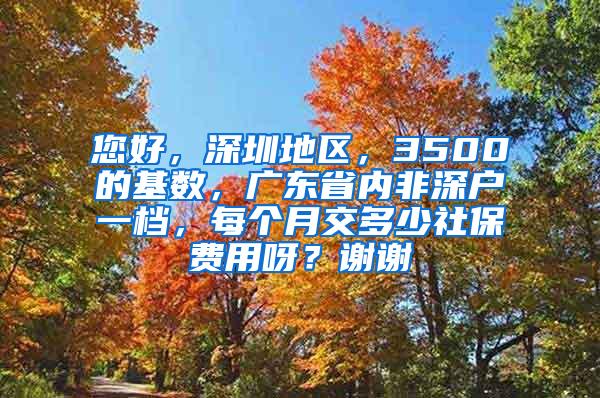 您好，深圳地区，3500的基数，广东省内非深户一档，每个月交多少社保费用呀？谢谢